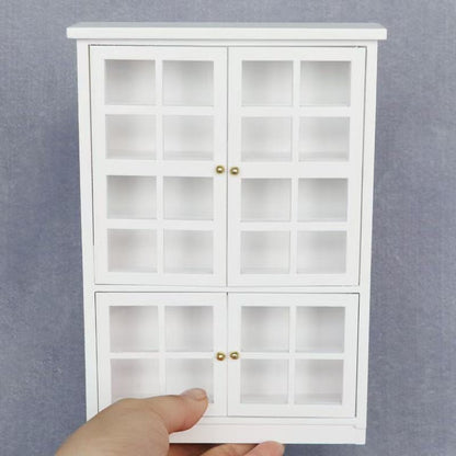 1:12 scale White Wooden Dollhouse Miniature China Hutch with Lower Cabinet for dinning room furniture, featuring realistic details and versatile storage