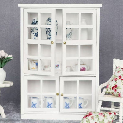 1:12 scale White Wooden Dollhouse Miniature China Hutch with Lower Cabinet for dinning room furniture, featuring realistic details and versatile storage