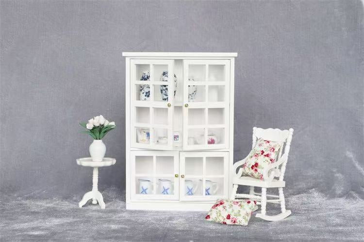 1:12 scale White Wooden Dollhouse Miniature China Hutch with Lower Cabinet for dinning room furniture, featuring realistic details and versatile storage