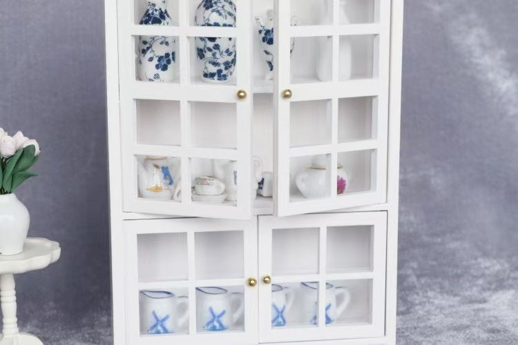 1:12 scale White Wooden Dollhouse Miniature China Hutch with Lower Cabinet for dinning room furniture, featuring realistic details and versatile storage