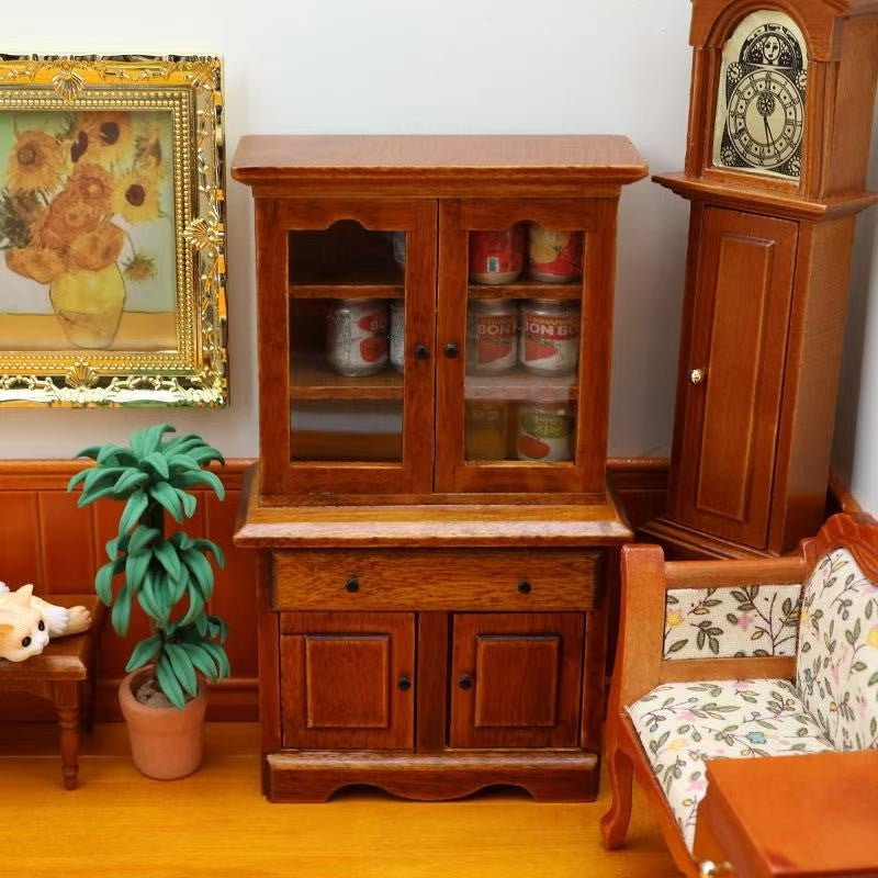 1:12 scale Wooden Dollhouse Miniature Display Cabinet and Bookcase for living room furniture, featuring realistic details and versatile storage.