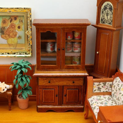 1:12 scale Wooden Dollhouse Miniature Display Cabinet and Bookcase for living room furniture, featuring realistic details and versatile storage.