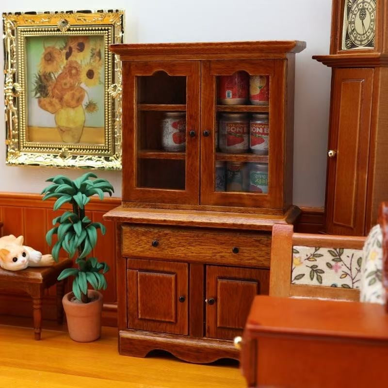 1:12 scale Wooden Dollhouse Miniature Display Cabinet and Bookcase for living room furniture, featuring realistic details and versatile storage.