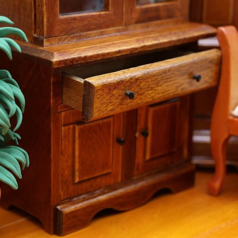 close up the Wooden Dollhouse Miniature Display Cabinet and Bookcase