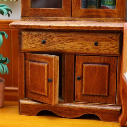 close up the Wooden Dollhouse Miniature Display Cabinet and Bookcase