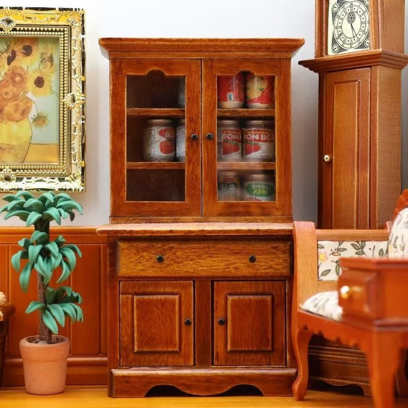 image displaying the Wooden Dollhouse Miniature Display Cabinet and Bookcase in dollhouse living room setting