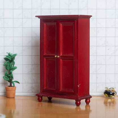 red Dollhouse Miniature Furniture Double-door Wood Wardrobe in 1:12 scale