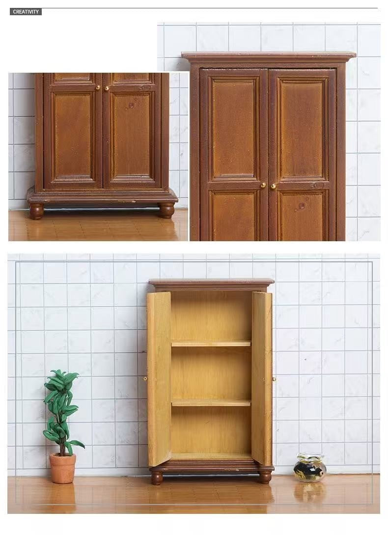 Dollhouse Miniature Furniture Double-door Wood Wardrobe in 1:12 scale