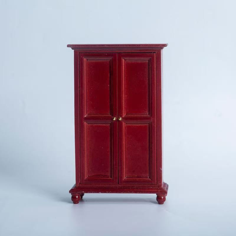 red Dollhouse Miniature Furniture Double-door Wood Wardrobe in 1:12 scale