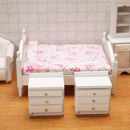 Dollhouse Miniature Bedroom Furniture Wood Double Bed Nightstand Set in 1:12 scale