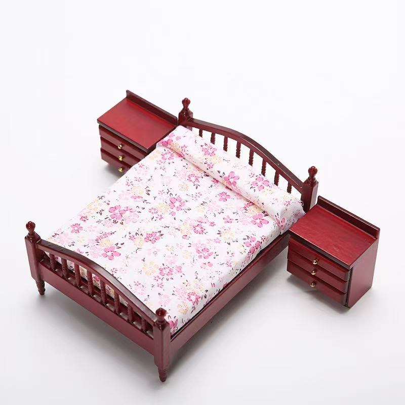 Dollhouse Miniature Wood Double Bed Nightstand Set in 1:12 scale