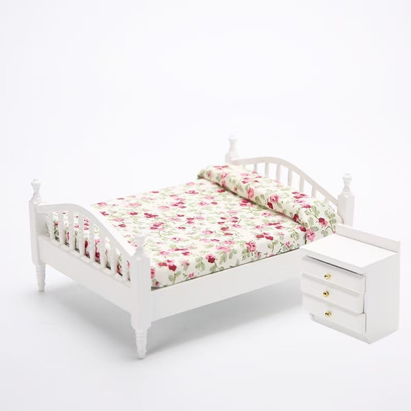 white floral Dollhouse Miniature Bedroom Furniture Wood Double Bed Nightstand Set in 1:12 scale