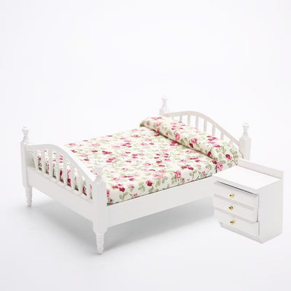 white floral Dollhouse Miniature Bedroom Furniture Wood Double Bed Nightstand Set in 1:12 scale