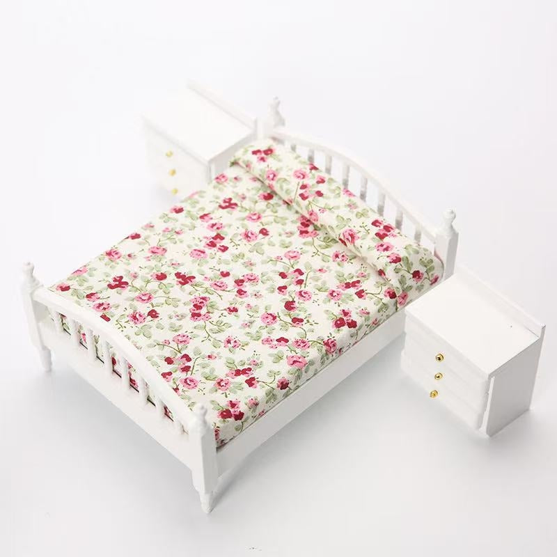 white floral Dollhouse Miniature Bedroom Furniture Wood Double Bed Nightstand Set in 1:12 scale