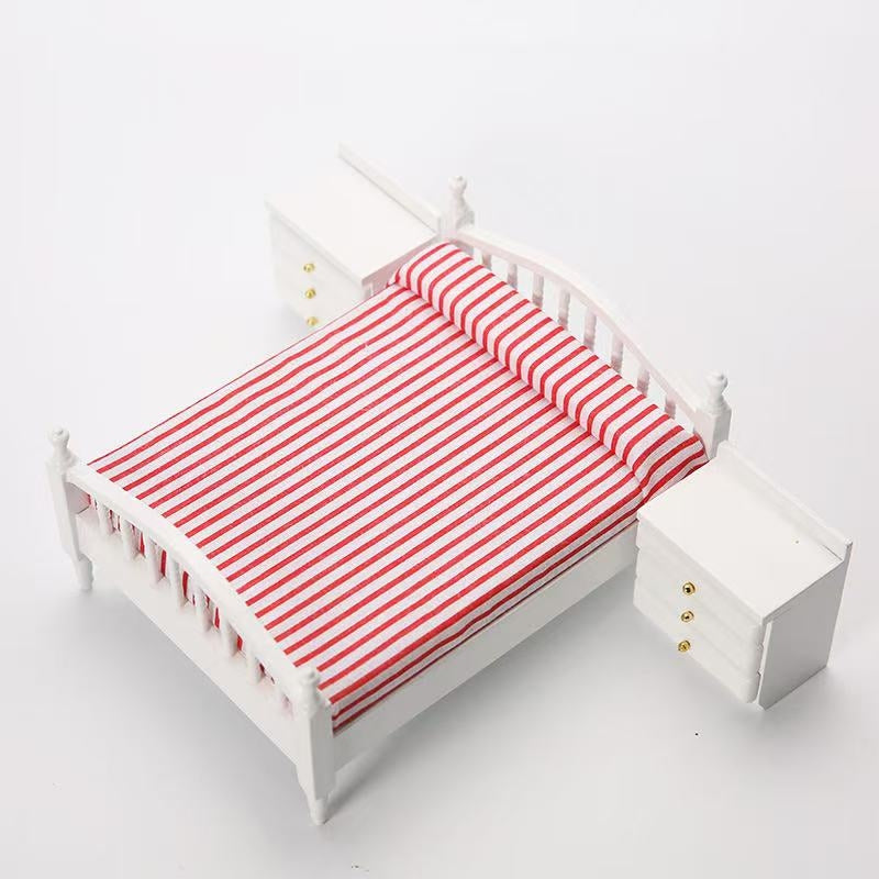 white red-stripe Dollhouse Miniature Bedroom Furniture Wood Double Bed Nightstand Set in 1:12 scale