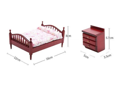 Dollhouse Miniature Bedroom Furniture Wood Double Bed Nightstand Set in 1:12 scale