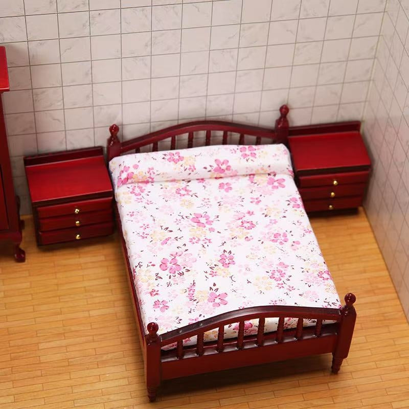 Dollhouse Miniature Bedroom Furniture Wood Double Bed Nightstand Set in 1:12 scale