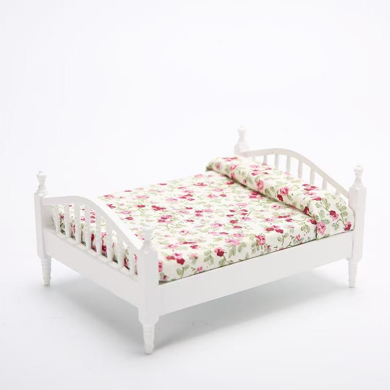 white FLORAL Dollhouse Miniature Bedroom Furniture Wood Double Bed Nightstand Set in 1:12 scale