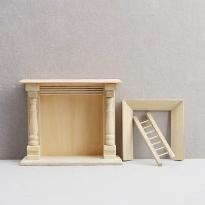 dollhouse unfinished wooden fireplace in 1:12 scale miniatures, perfect for cozy interiors scenes