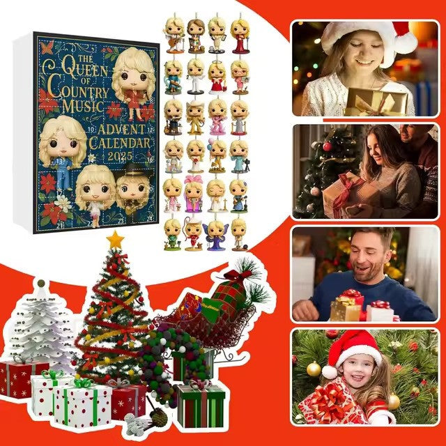 Advent calendar with figurines and Christmas-themed decorations on a red background