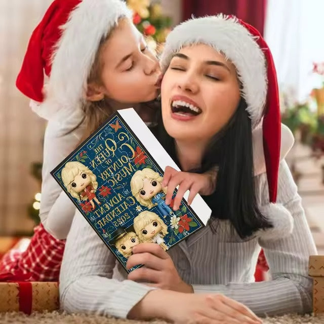 Woman and child wearing Santa hats, holding a Christmas-themed advent calendar box together.
