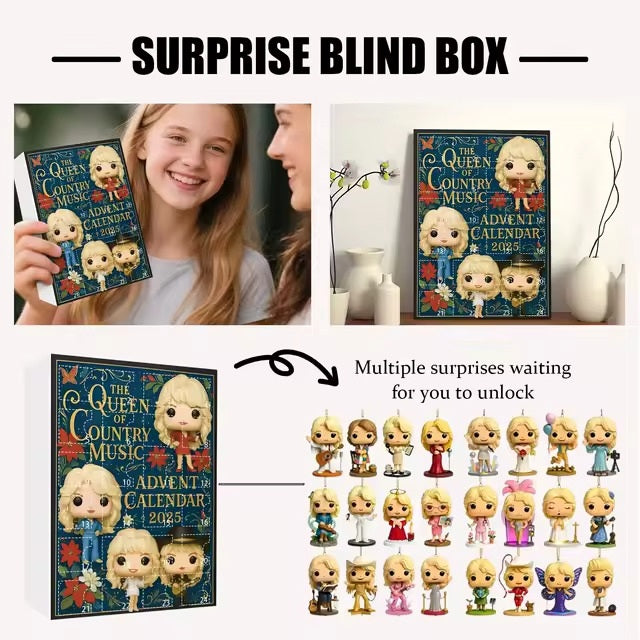 Advent calendar with figurines and text 'Surprise Blind Box' and 'Multiple surprises waiting for you to unlock'.