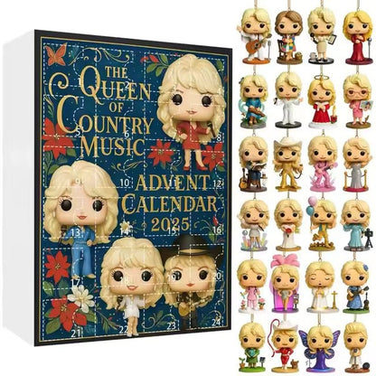 Advent calendar with figurines of a blonde woman, titled 'The Queen of Country Music', on a white background.