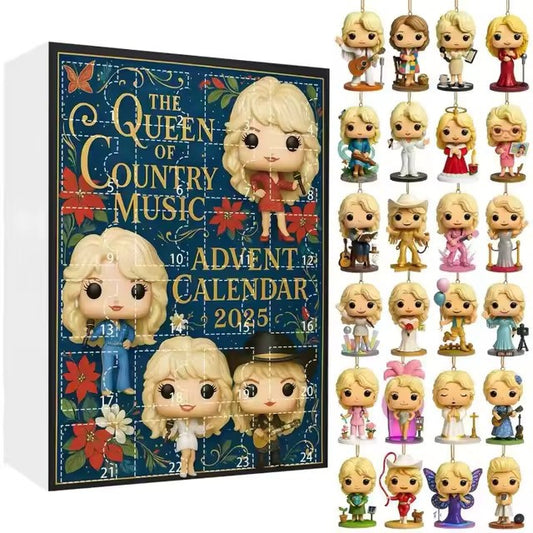 Advent calendar with figurines of a blonde woman, titled 'The Queen of Country Music', on a white background.