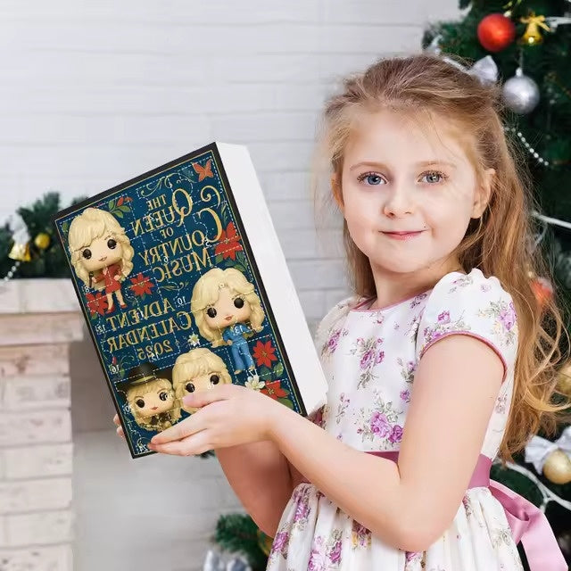 Young girl holding a collectible figure box with a Christmas tree in the background