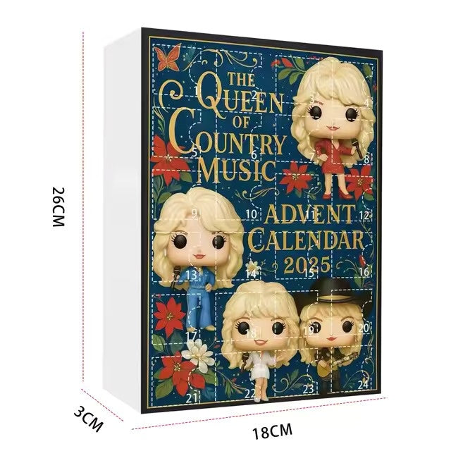 Advent calendar with figurines and text 'The Queen of Country Music' and sizes marked