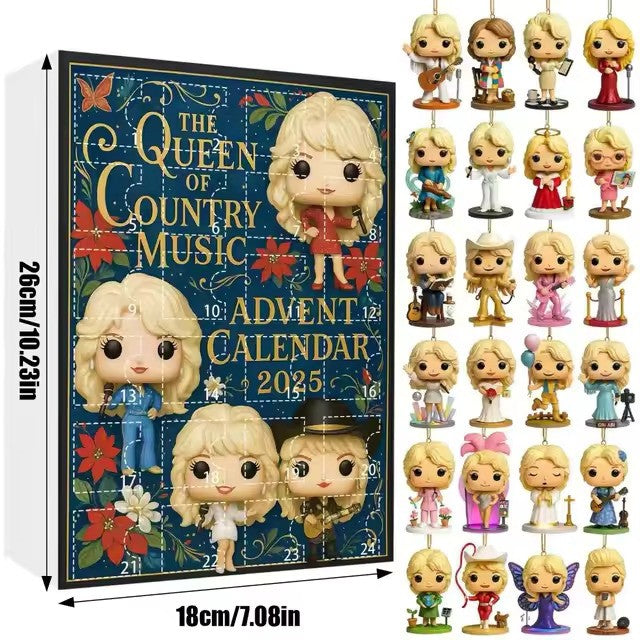 Advent calendar with figurines of a blonde woman, labeled 'The Queen of Country Music', with inset images showing the calendar and figurines.