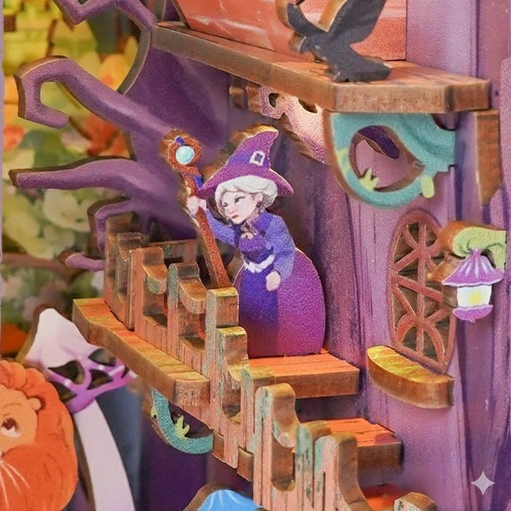 miniature scene with a witch character on a staircase in a colorful fantasy setting