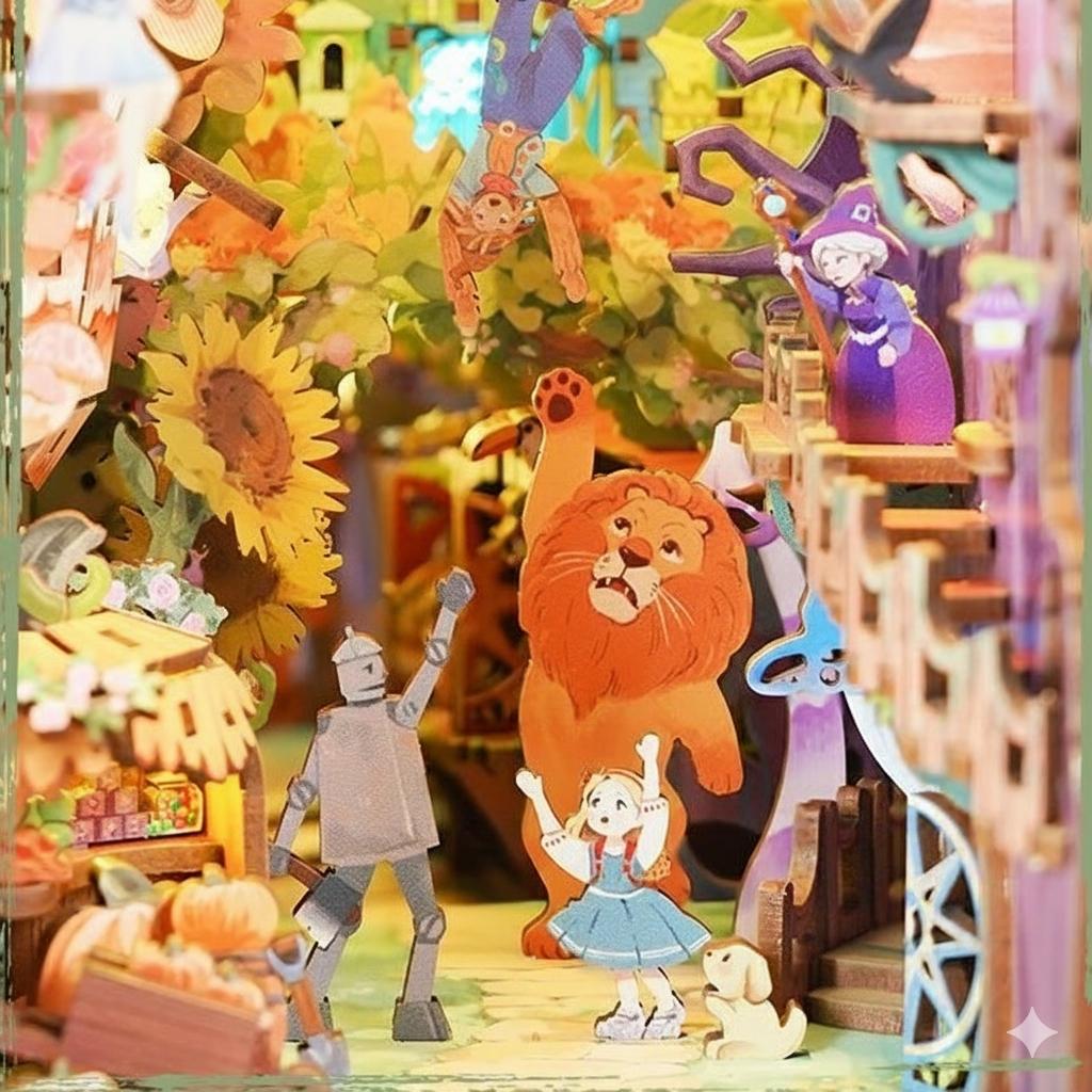 Colorful miniature characters from 'The Wizard of Oz' in a decorative setting.
