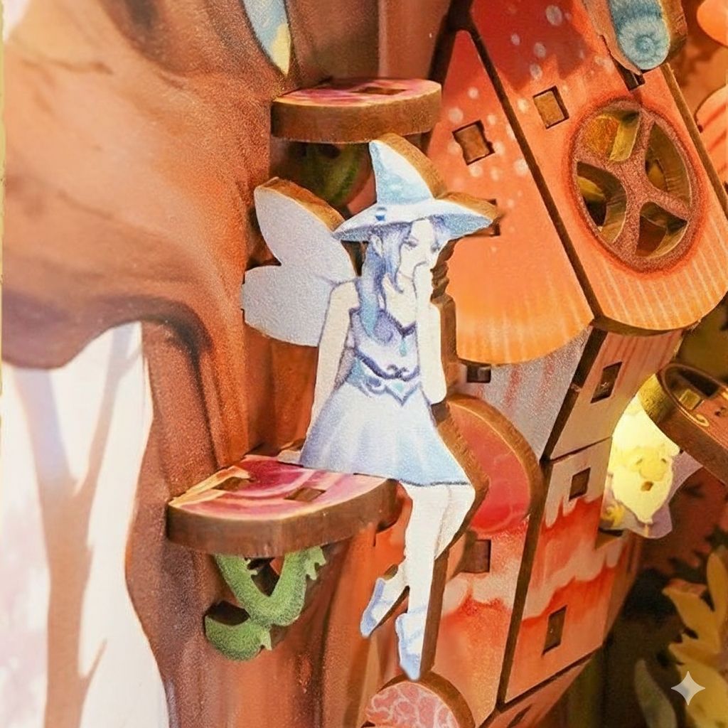 Wooden miniature scene with a fairy witch figure on a colorful background