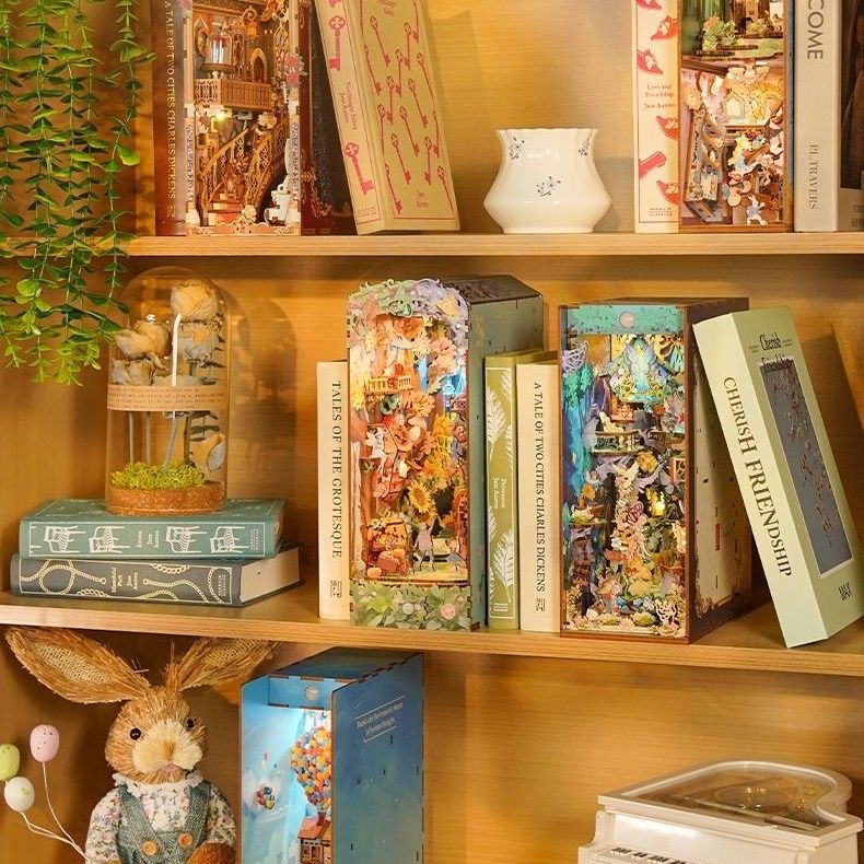 Wooden shelf with decorative Dorothy's Journey book book and books on a wooden surface