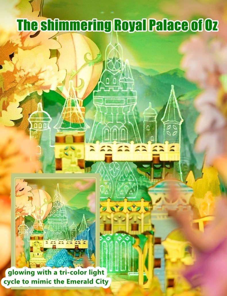 Decorative castle with glowing tri-color light cycle, inspired by the Emerald City from 'The Wizard of Oz'.