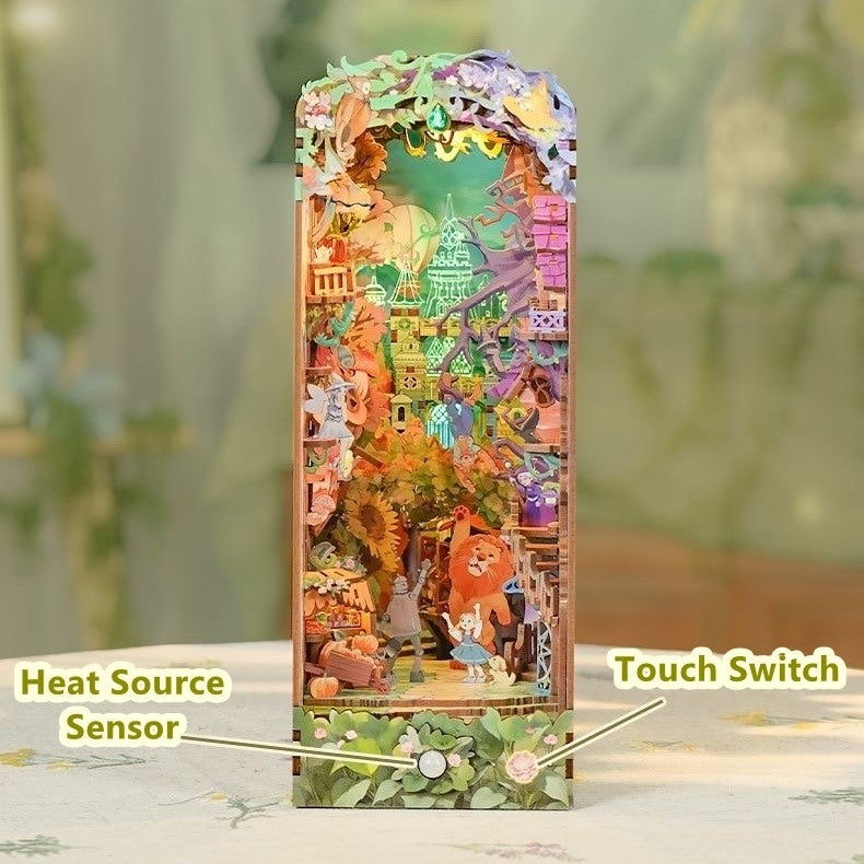 Decorative wooden book nook with fairy tale design, heat source sensor, and touch switch labels.