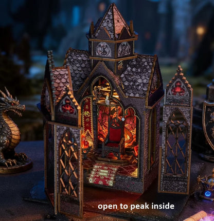 Gothic-style miniature building with intricate details and warm lighting.
