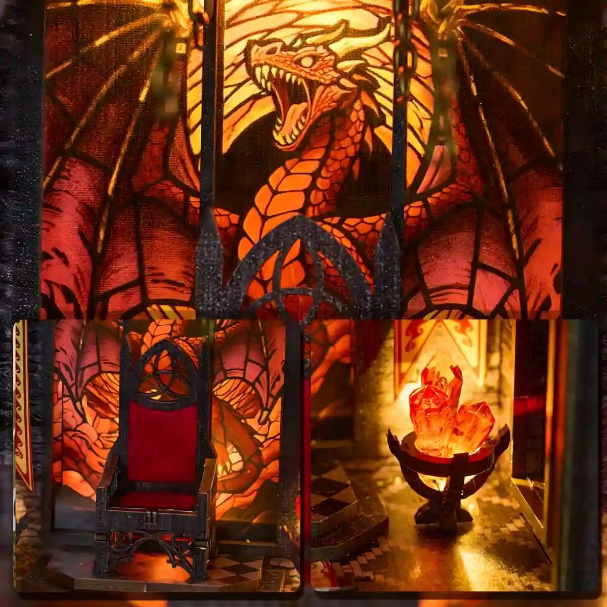 Gothic-style dragon tower miniature house with stained glass design of a dragon and a throne.