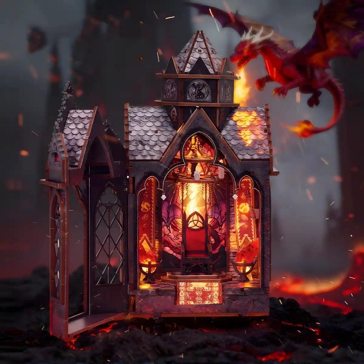 Fantasy scene with a lit gothic building and a dragon in the background