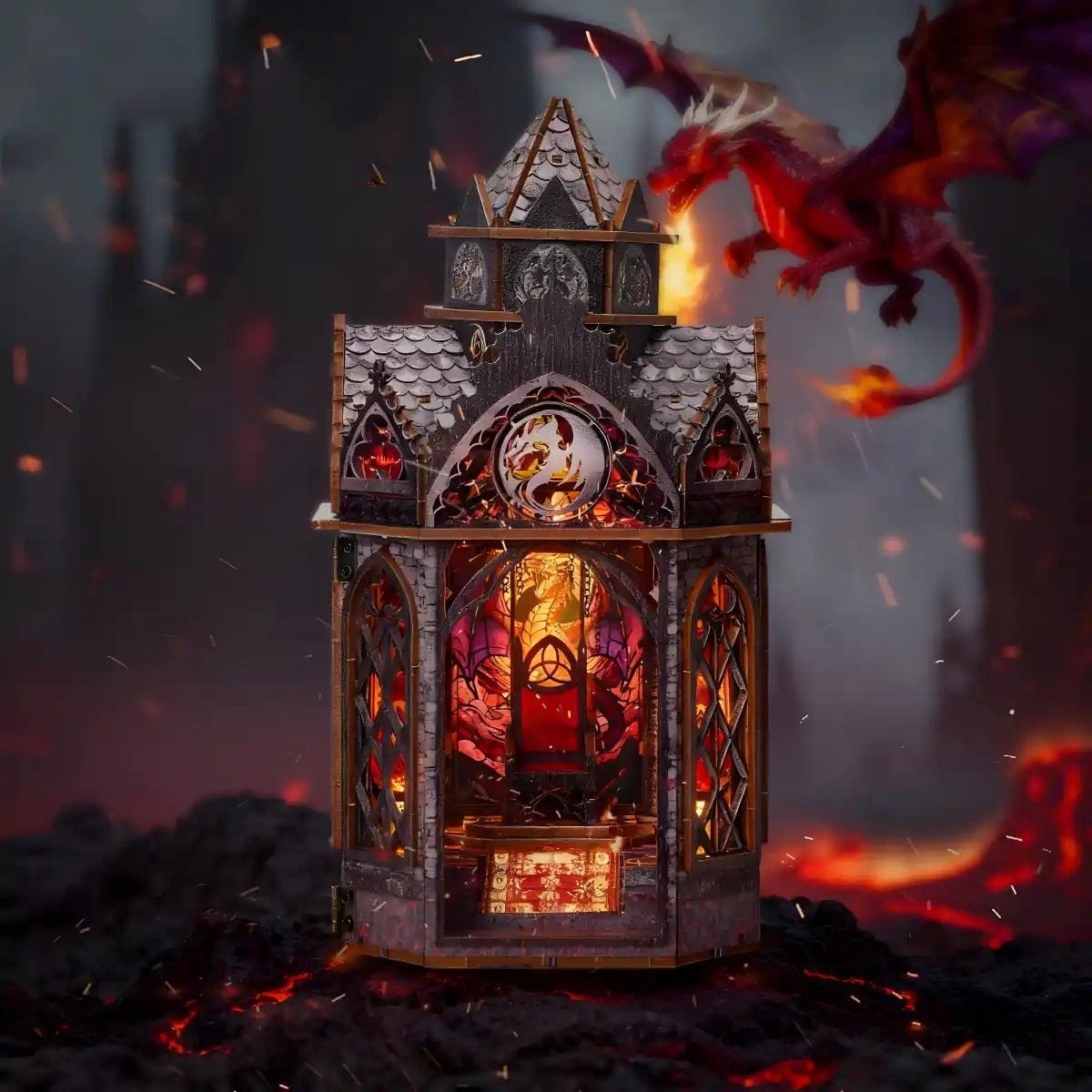 Gothic-style dragon tower miniature house with dragon and fiery background