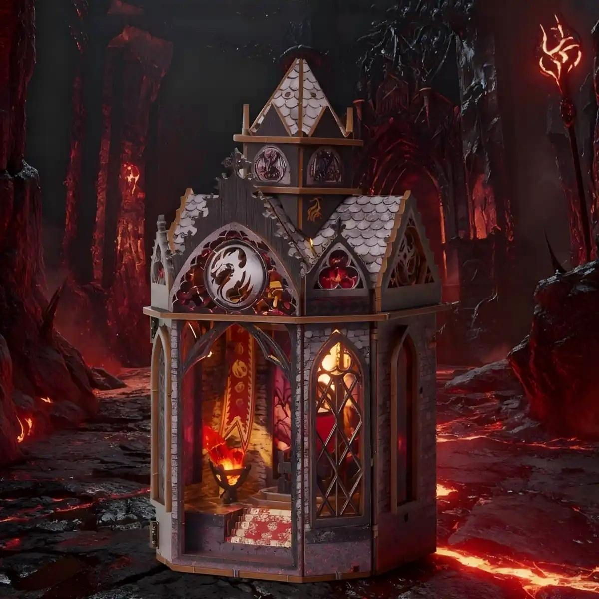 Gothic-style dragon tower miniature house with intricate designs in a dark, fiery landscape