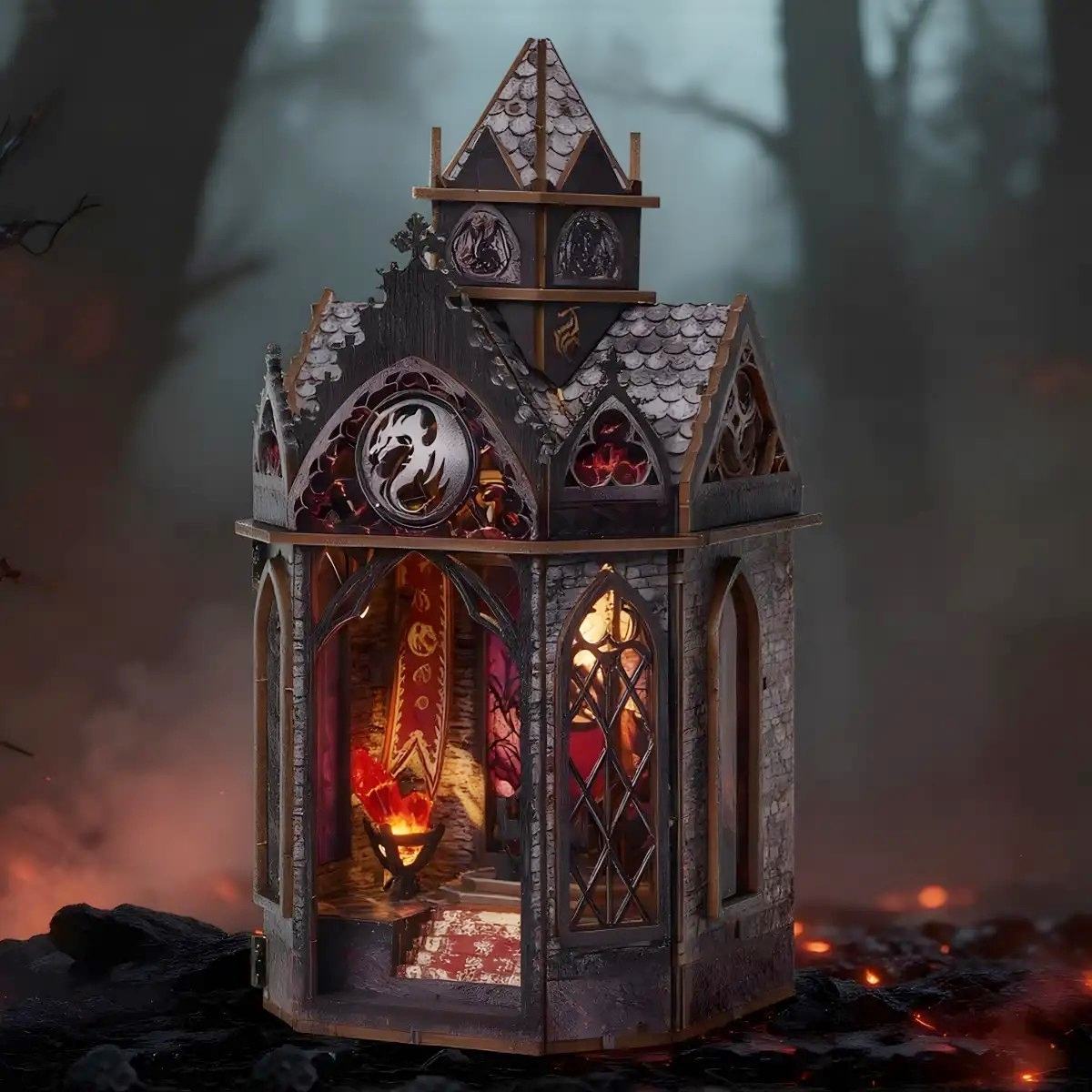 Gothic-style dragon tower miniature house with stained glass windows in a dark forest setting