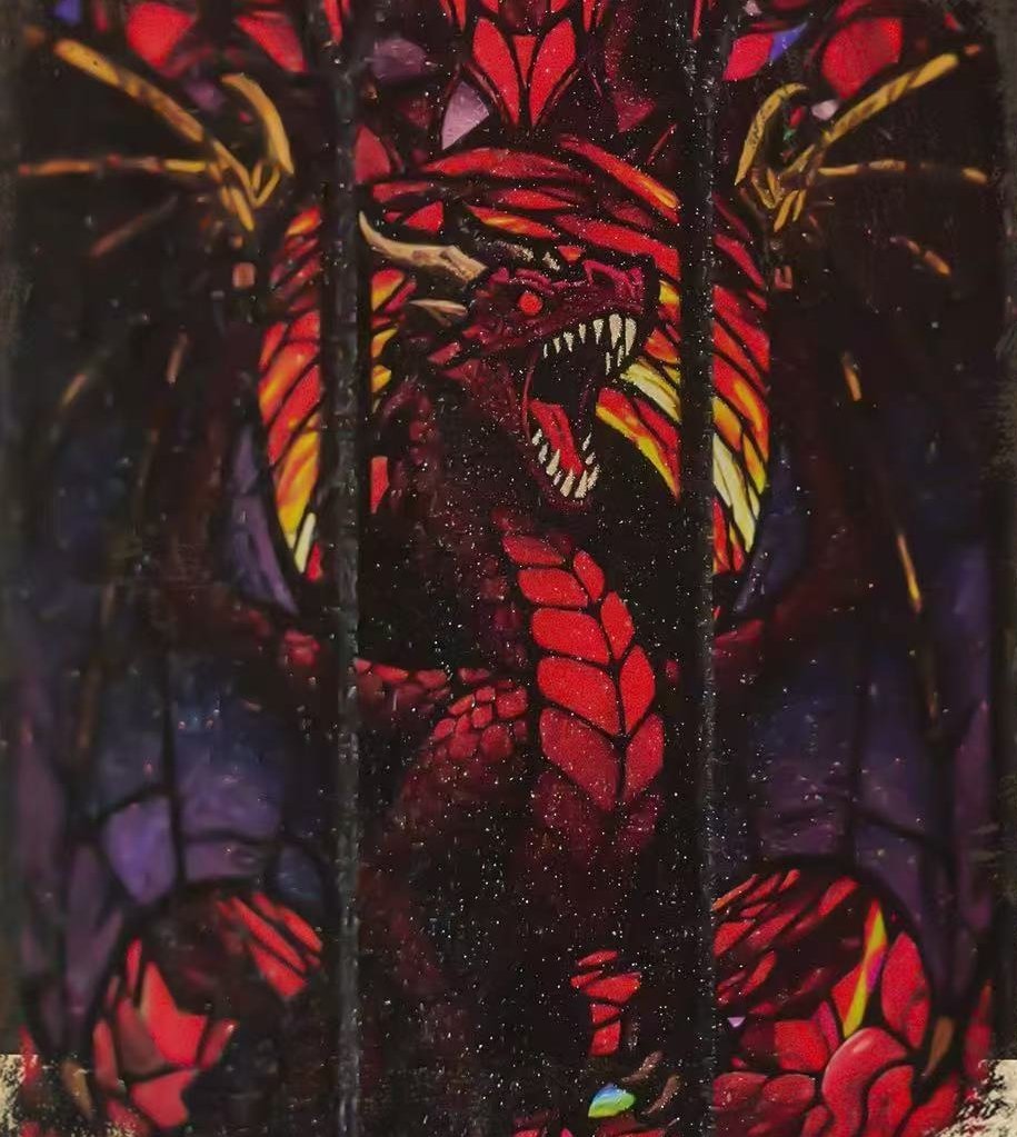 Stylized dragon illustration with vibrant colors on a dark background