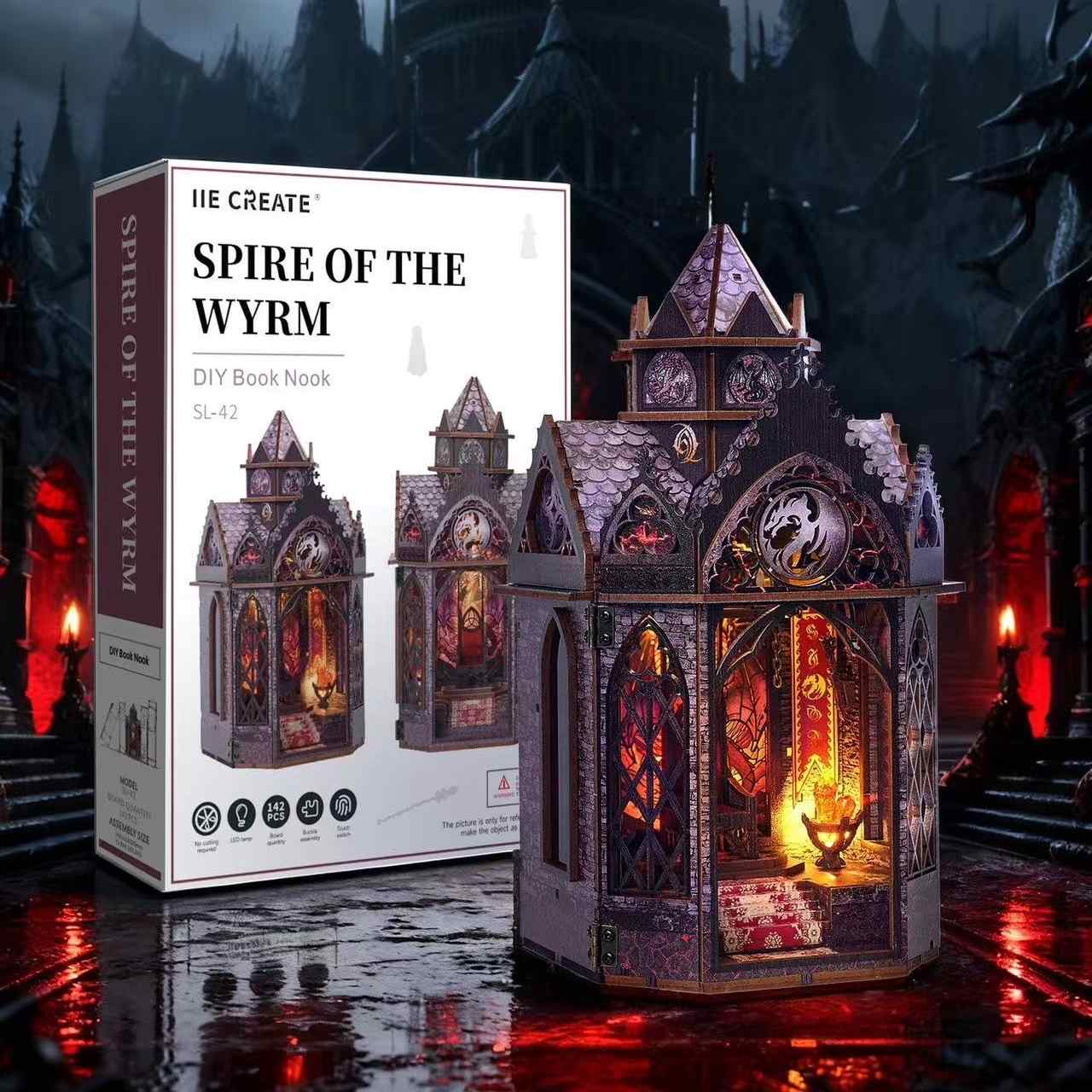 Gothic-style book nook model with packaging labeled 'Spire of the Wyrm' against a dark, castle-like background.