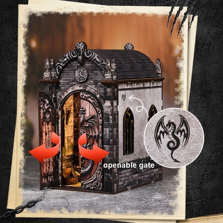 Gothic-style book nook model with open gate and dragon design, on a textured background.