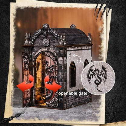 Gothic-style book nook model with open gate and dragon design, on a textured background.