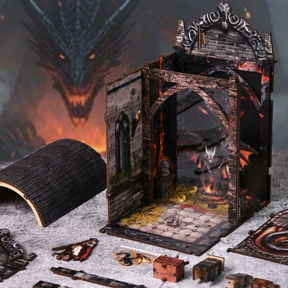 Wooden diorama with a dragon and castle, surrounded by game pieces on a textured surface.