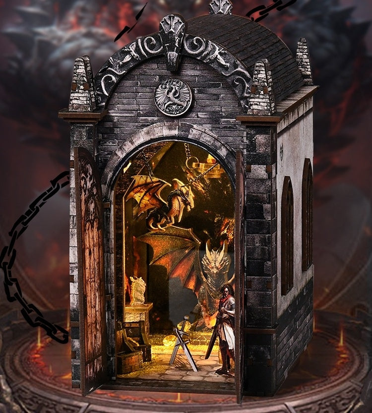wooden book nook with a dragon castle design and a chained door on a dark background