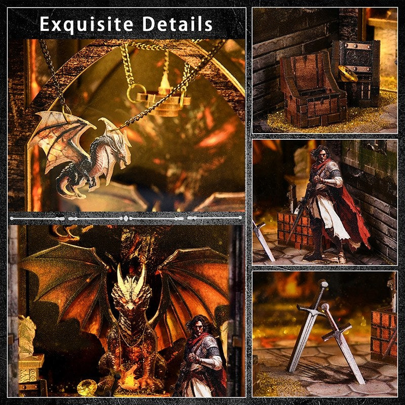 Collage of detailed fantasy-themed miniature items including a dragon, treasure chest, and sword.